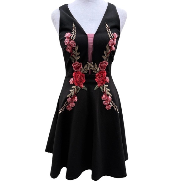 Mystic LA Romantic Roses Black Embroidered Skater Dress Small Plunge Neck Goth - Picture 2 of 11